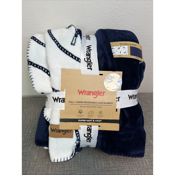 Wrangler Blanket Reversible Lush Full Queen Blue White Western New - Picture 1 of 5